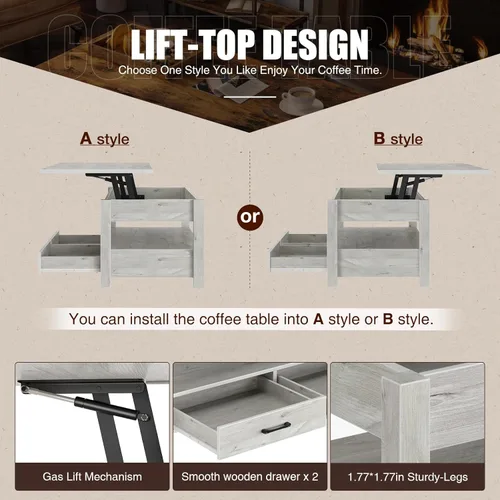 Miniatura 6 de Rolanstar - Mesa auxiliar, mesa de centro con cajones y compartimento oculto, mesa de sala de estar con tablero de elevación de madera, para sala