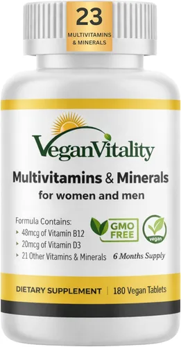 Multivitamínicos y minerales veganos con vitamina B12, D3 y K2. 180 tabletas multivitamínicas - suministro de 6 meses. Vitaminas para veganos y