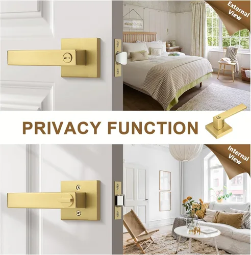Miniatura 5 de Probrico - Paquete de 2 manijas de puerta de privacidad doradas, pomos de puerta de latón satinado resistentes para dormitorio y baño, cerraduras