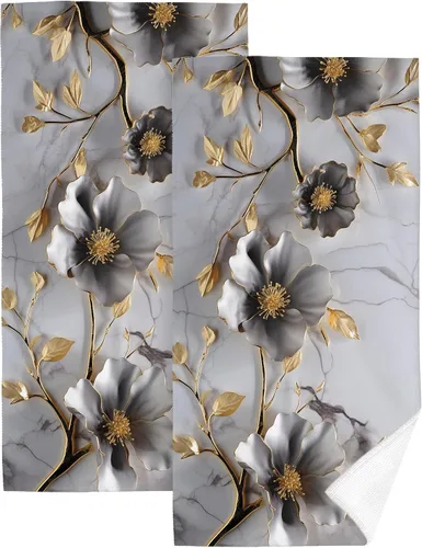 Miniatura 13 de Juego de 2 toallas de mano de baño con textura de mármol, suaves, absorbentes, negras y doradas, toallas decorativas para baño, cocina, deportes