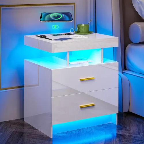 HNEBC Mesita de noche LED, RGB blanco con estación de carga USB/inalámbrica, moderna mesita de noche con sensor automático de luces RGB, mesa blanco