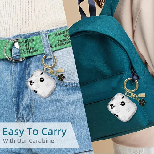 Miniatura 7 de Funda compatible con AirPods, funda de TPU suave con bonito patrón de flores para AirPods de 2 y 1 generación con llavero colgante y mosquetón