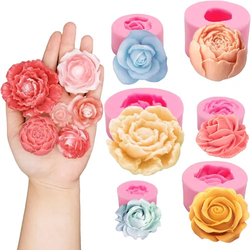 Juego de 6 moldes de fondant de flores 3D, moldes de silicona rosa para hacer jabón de velas, decoración de postres hechos a mano, decoración de 6