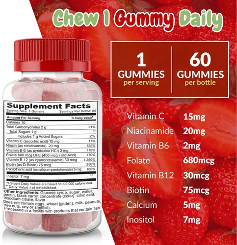 Miniatura 5 de Gomitas de complejo de vitamina B con sabor a fresa - Complejo B con vitamina C - Apoya el sistema nervioso y aumenta los niveles de energía - Ayuda