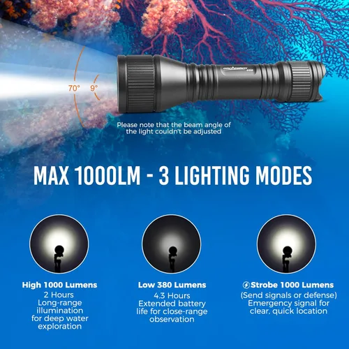 Miniatura 2 de ORCATORCH D550 - Linterna submarina de 1000 lúmenes con 3 modos, interruptor de cola, impermeable IP68, luz de buceo de respaldo manos libres