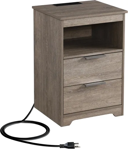 Mesita de noche con estación de carga, mesita de noche con 2 cajones, mesa auxiliar de madera con cajón y estante de apertura, mesa auxiliar para