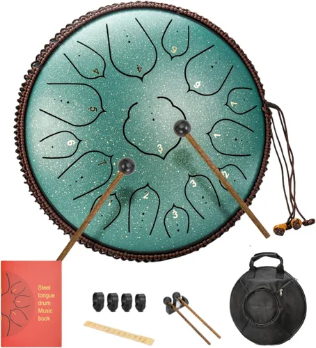Tambor de lengua de acero de 14 pulgadas, 15 notas, tambor de mano, tambor de lluvia, percusión para meditación, yoga, educación musical para Verde