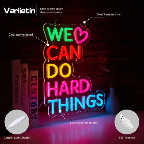 Miniatura 5 de Letrero de neón con texto en inglés «We Can Do Hard Things» para decoración de pared, arte de pared para niños, positivo para aula, regulable