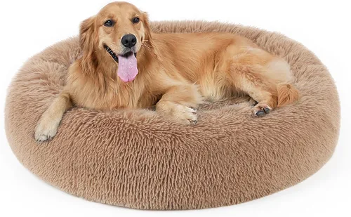 Miniatura 18 de Cama para perros, cama calmante para gatos, cama de felpa de piel sintética con forma de rosquilla para mascotas, cama redonda para perros y gatos