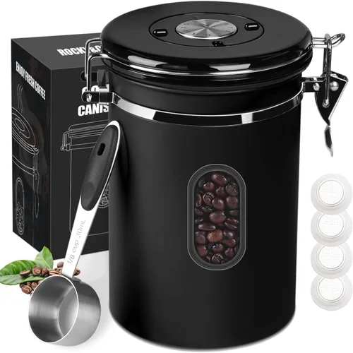 Recipiente de café hermético de 60.9 fl oz con rastreador de fecha y ventana transparente, recipiente de café de 22.8 onzas líquidas con cuchara