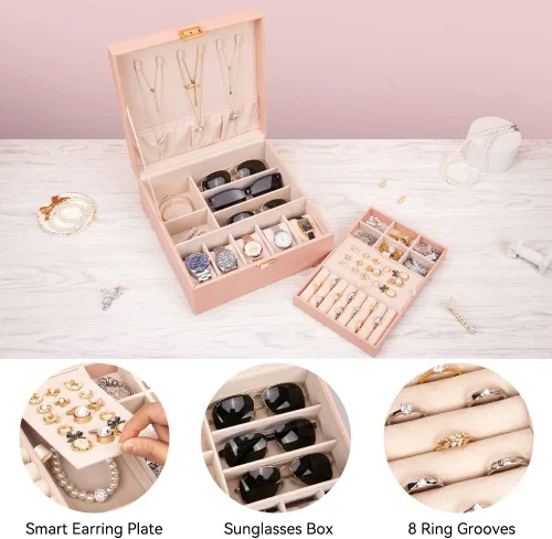 Miniatura 2 de Voova Joyero organizador para mujeres y adolescentes, estuche grande de almacenamiento de 2 capas, soporte de joyería de piel sintética con bandeja