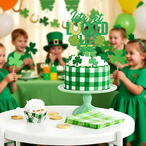 Miniatura 8 de Juego de 1 palillos para tartas de trébol, decoración de trébol con purpurina verde dorada para cumpleaños, baby shower, suministros de fiesta
