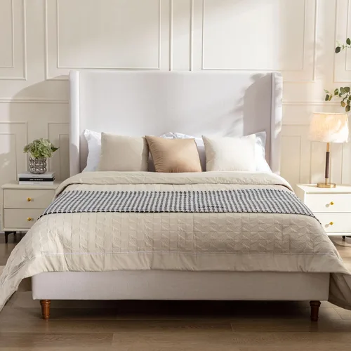 Miniatura 16 de Base de cama tapizada tamaño Queen, cabecera acolchada de 54" con respaldo geométrico, plataforma tapizada para dormitorio de niños, adolescentes