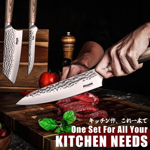 Miniatura 2 de Huusk Juego de cuchillos de cocina japoneses, juego de cuchillos de chef profesionales de 3 piezas para cocina, juego de cuchillos de carnicero