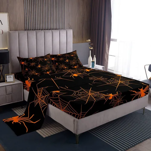 Miniatura 11 de Juego de sábanas de decoración de Halloween, tamaño individual, sábanas de calabaza arcoíris para niños y niñas con purpurina, calabaza, farol