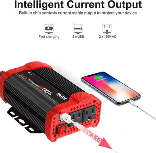 Miniatura 4 de Inversor de corriente de 400 W, DC 12 V a 110 V CA adaptador de enchufe de automóvil con 2 salidas de cargador y puertos USB duales de 3.1 A