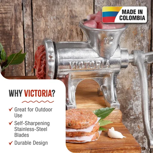 Miniatura 2 de Victoria Picadora de carne de hierro fundido con montaje fijo en la mesa, molinillo manual de salchichas y picadora de carne, número 12, fabricado