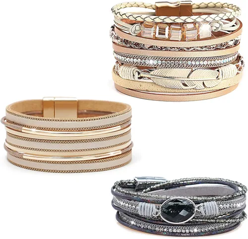Miniatura 12 de Wowanoo - Juego de 3 pulseras de cuero de varias capas con cierre magnético para mujer, con cristales, ramas de árbol pulseras para mujer.