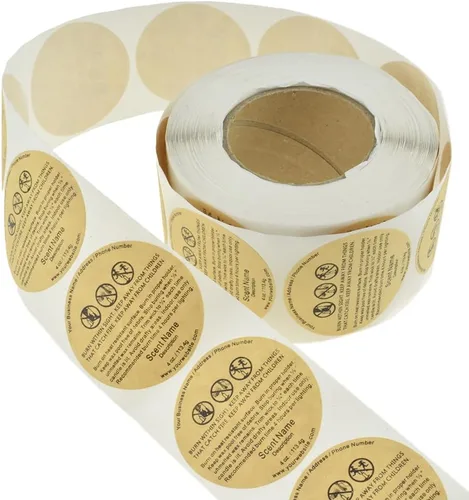 Miniatura 4 de HAHIYO 500 calcomanías de advertencia de velas circulares marrones de 1.5 pulgadas, etiquetas adhesivas de seguridad de papel kraft para hacer velas