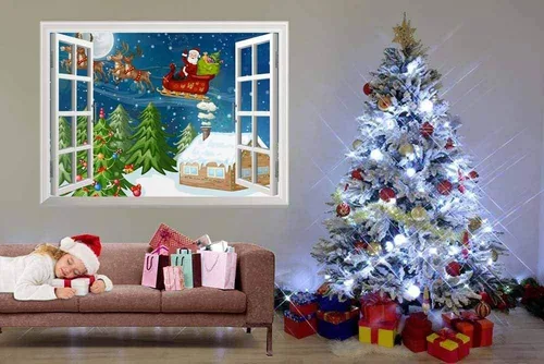 Miniatura 2 de wall26 Mural de pared de dibujos animados de Papá Noel y renos volando sobre la azotea en Nochebuena, 24 x 32 pulgadas