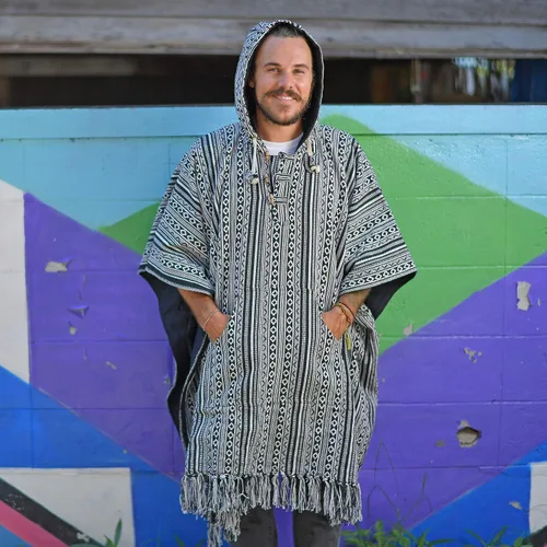Miniatura 2 de virblatt - Poncho mexicano para hombre 100% algodón poncho de manta reversible poncho de lana hippie Baja con capucha pancho