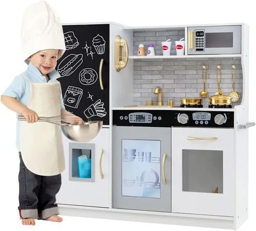 Miniatura 10 de Juego de cocina, juguete de cocina de madera para niños con microondas, nevera, horno fácil de hornear, pizarra y máquina de hielo, juguetes de Verde