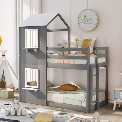 Miniatura 15 de JIVOIT Litera de madera con diseño de techo y ventanas, litera individual sobre individual con nido y escalera integrada para niños, adolescentes