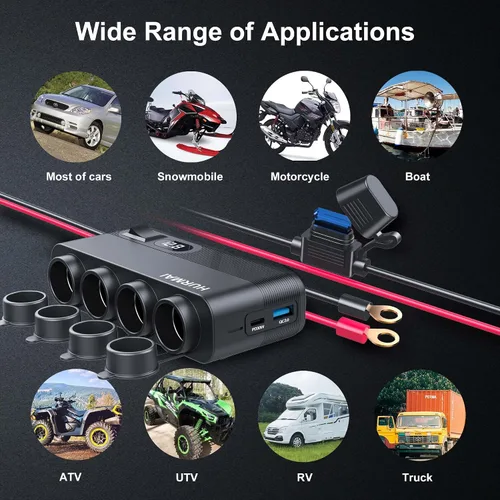 Miniatura 6 de Cargador de Coche Resistente de 10 Pies 12V/24V, Adaptador de Encendedor de Cigarrillos de 216W de 7 Puertos con Carga Rápida USB-C PD30W/QC3.0