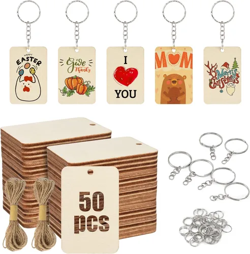 Juego de 50 llaveros de madera rectangulares en blanco, rebanadas de madera sin terminar con 50 llaveros, con cuerda de yute y llavero de madera