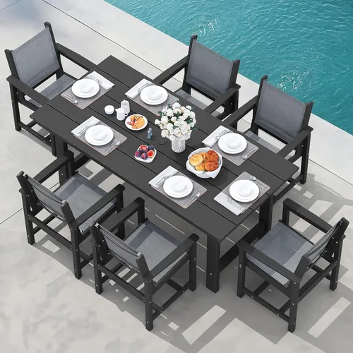 Miniatura 24 de SERWALL Juego de Mesa de Comedor de HDPE para Exteriores, Juego de 7 Piezas de Mesa de Comedor al Aire Libre con Mesa con Corte para Agujero de Gris