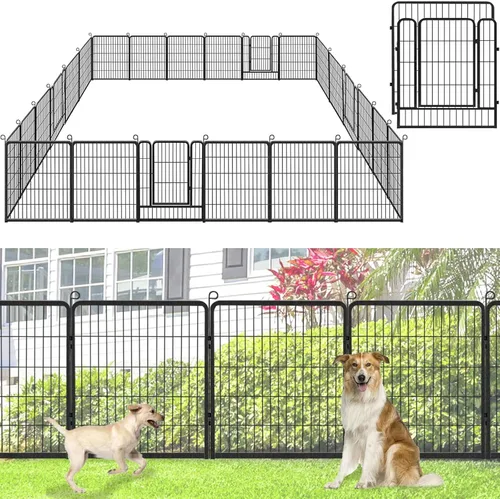 Valla decorativa de metal para jardín con puerta, 32 pulgadas de alto x 64 pies de largo, valla sin excavación, 24 paneles para perros, valla de