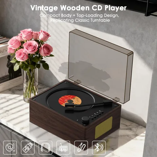 Miniatura 4 de Walnut Wood Grain CD Player with Bluetooth 5.3 - Retro Desktop Music Player, Dual HI-FI Speakers, 3600mAh Battery, Remote Control, 2-Year Warranty