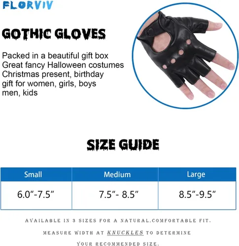 Miniatura 7 de FLORVIV Guantes negros sin dedos de piel sintética gótica gótica Cosplay disfraz punk Halloween actuación para mujeres y niñas