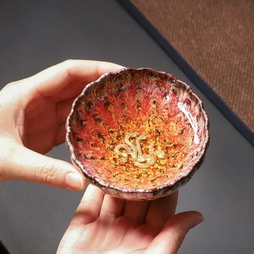 Miniatura 6 de 4 tazas de té chino hechas a mano, taza de té Jianzhan Tenmoku con esmalte rosa, taza de cerámica en forma de pétalo de 4 onzas con incrustaciones
