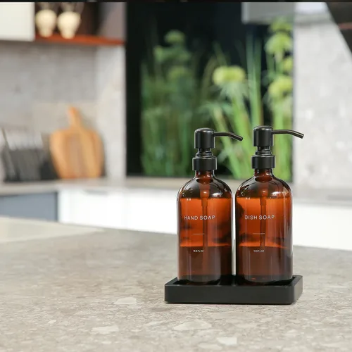 Miniatura 3 de Juego de dispensador de jabón ámbar Prus Waso, dispensador de jabón para fregadero de cocina con bomba de acero inoxidable negro, perfecto