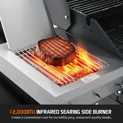 Miniatura 2 de Parrilla de gas propano, parrilla de barbacoa de acero inoxidable 4+1 con quemador lateral infrarrojo para cocinar al aire libre, color negro