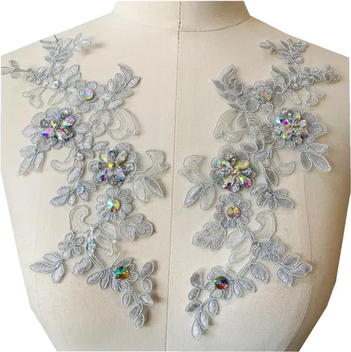 Miniatura 13 de Parches de tela de encaje fino bordados con diamantes de imitación bordados, decoración de vestido para coser en lentejuelas cuentas, accesorio