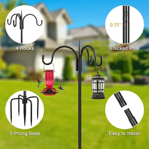 Miniatura 2 de FEED GARDEN Gancho de pastor doble ajustable para exteriores con base de 5 puntas de 63 pulgadas, poste resistente de comedero de pájaros de dos