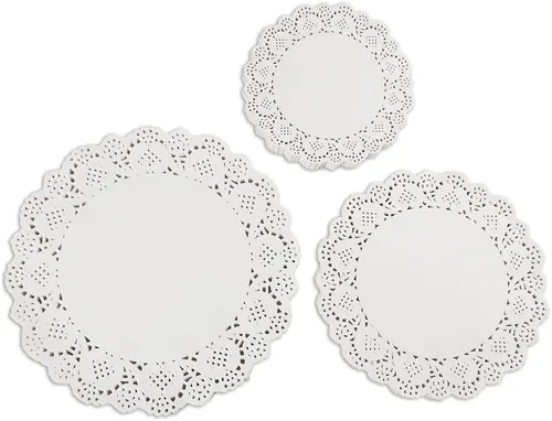 DECORA 180 piezas de papel redondo blanco para decoración de mesa de fiesta o boda, 6.5 pulgadas, 8.5 pulgadas, 10.5 pulgadas