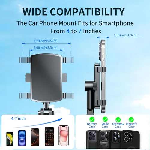 Miniatura 5 de Soporte universal de teléfono para tablero de instrumentos de 360°, soporte giratorio multifuncional para visera/retrovisor para teléfonos de 4 a 7