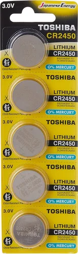 TOSHIBA Batería de celda de moneda de litio CR2450 3V 5 baterías en embalaje resistente a los niños de la tira