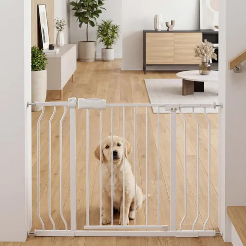 Miniatura 25 de Puerta extra ancha para bebé, puertas de seguridad extra altas para interiores, metal negro, gran montaje a presión, puerta para mascotas, puerta