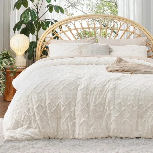 Miniatura 17 de Bedsure Juego de Edredón Tamaño Twin – Edredón beige, ropa de cama Boho con mechones estilo shabby chic para niños, juego de ropa de cama vintage
