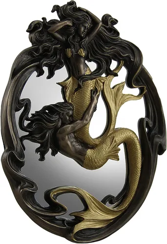 Veronese Design Espejos de pared de resina y vidrio sosteniendo Merman & Mermaid in A Fluid Embrace Espejo de pared con acabado bronce y dorado, 7.5