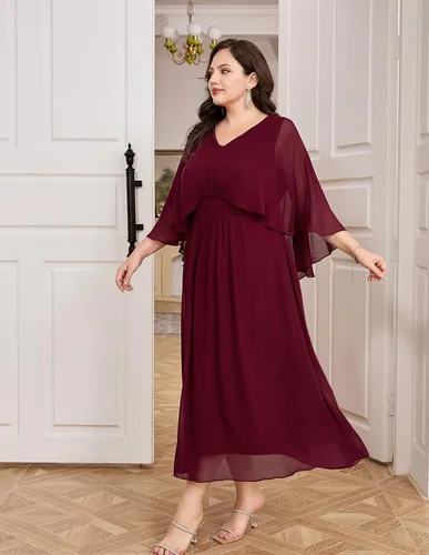 Miniatura 3 de Hanna Nikole Vestido de fiesta de noche de gasa con cuello en V para mujer, talla grande, manga capa, maxi vestidos para invitados de boda