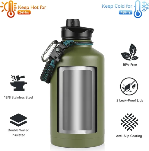 Miniatura 2 de Botella de agua aislada de 64 onzas con tapas de pajita y boquilla, jarra de agua de acero inoxidable de medio galón con mango de paracord, vacío
