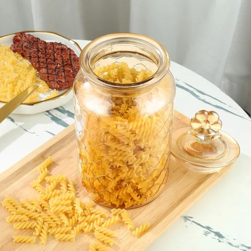 Miniatura 5 de Joeyan Tarro de almacenamiento de vidrio ámbar de 45 onzas con tapas de vidrio herméticas, recipiente de alimentos en relieve vintage, organizador