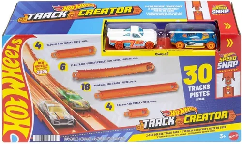 Hot Wheels Juego de Pistas de Autos de Juguete, Track Creator Deluxe Pack y 2 Vehículos Fundidos a Presión a Escala 1:64, 25 Pies de Pista Speed