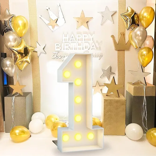 Miniatura 2 de Números blancos iluminados de 4 pies con luces para decoración de fiesta de primer cumpleaños, marco grande de mosaico de marquesina con ranuras