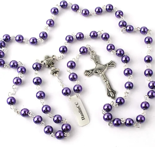 Miniatura 8 de HanlinCC - Rosario para primera comunión de 6 mm con centro de cáliz, perlas de cristal y crucifijo chapado en plata para niña, en caja de regalo